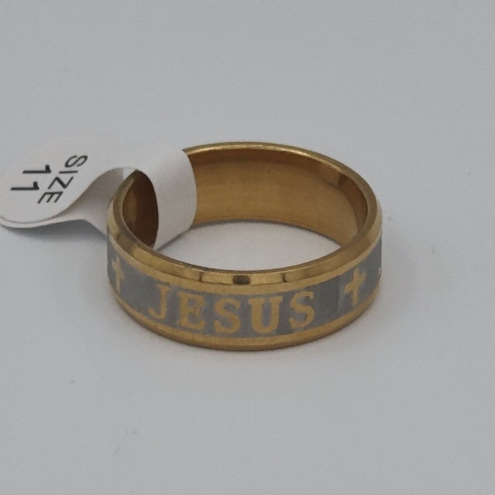 Jesus and Cross Stainless Steel Gold & Grey Ring